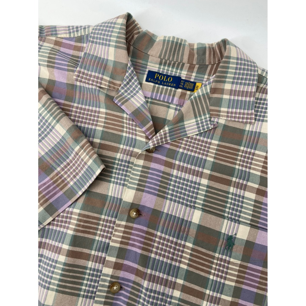 Polo Ralph Lauren Shirt Mens XLT Neutral Plaid Camp Loop Collar Preppy Button